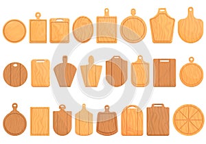 Wooden pizza board icons set cartoon vector. Wood shield