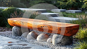 a wooden plank bench resting on a sturdy concrete base in a realistic photograph.