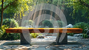 a wooden plank bench resting on a sturdy concrete base in a realistic photograph.