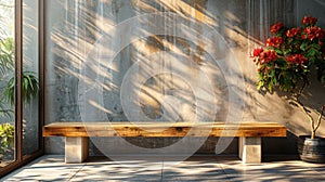 a wooden plank bench resting on a sturdy concrete base in a realistic photograph.