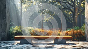 a wooden plank bench resting on a sturdy concrete base in a realistic photograph.