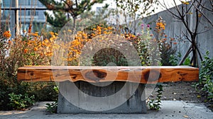 a wooden plank bench resting on a sturdy concrete base in a realistic photograph.