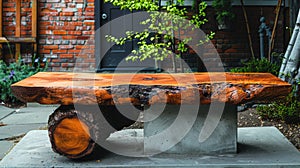 a wooden plank bench resting on a sturdy concrete base in a realistic photograph.