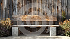 a wooden plank bench resting on a sturdy concrete base in a realistic photograph.