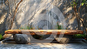 a wooden plank bench resting on a sturdy concrete base in a realistic photograph.