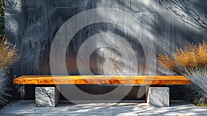 a wooden plank bench resting on a sturdy concrete base in a realistic photograph.