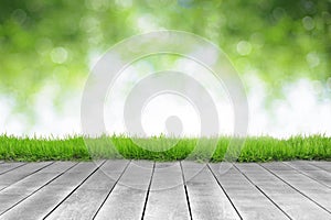 Wooden plank and bright spring fresh green leave bokeh background