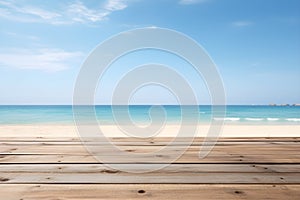 Wooden plank floor table and empty front and Beach and sand beautiful clear sky background