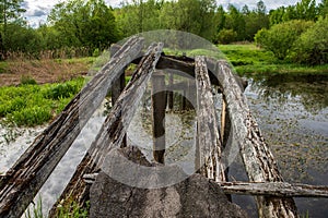 wooden plank foothpath boardwalk trampoline in the lake