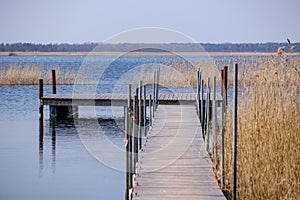 wooden plank foothpath boardwalk trampoline in the lake