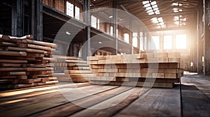 wooden planks at a lumber warehouse, showcasing the intricate details and textures. The background feature an array of