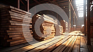 wooden planks at a lumber warehouse, showcasing the intricate details and textures. The background feature an array of