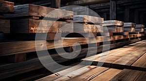 wooden planks at a lumber warehouse, showcasing the intricate details and textures. The background feature an array of