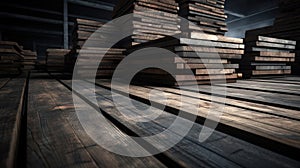 wooden planks at a lumber warehouse, showcasing the intricate details and textures. The background feature an array of
