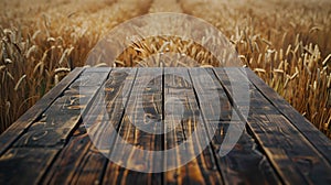 Wooden planks over golden wheat field at sunset, rustic scene captured, calm countryside viewpoint, natural background