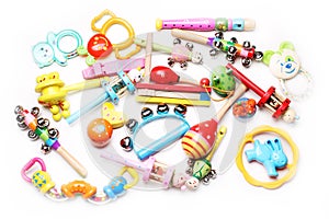 Wooden and plastic rattles for children