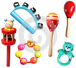 wooden and plastic rattles for children photo