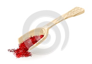 Wooden or plastic scoop with dry saffron. Red spice, condiment using in cooking.
