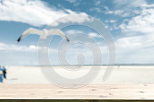 Wooden plate and blurred outdoor photo. Sunny day on sandy beach, seagull and sky