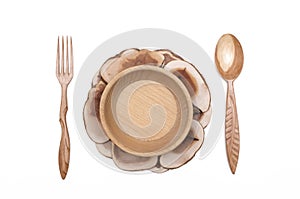 Wooden plate bowl with spoon and fork.