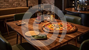 Wooden plate holds gourmet pizza and wine generated by AI