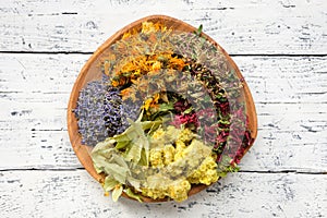 Wooden plate of medicinal herbs - lavender, calendula, red clover, helichrysum, lime tree flowers.