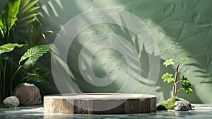 Wooden Platform with Greenery and Sunlight on Green Background