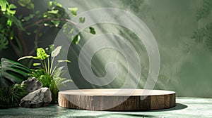 Wooden Platform with Greenery and Sunlight in a Green Setting