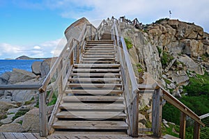 Wooden platform & ladder stairs built on rocks leading to a small hill on small Granite Island, Victor Harbor, South Australia