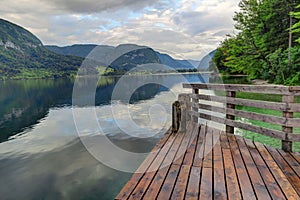 Wooden platform leading to Lake Bohinj in Slovenia