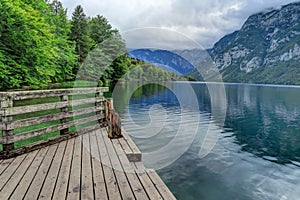 Wooden platform leading to Lake Bohinj in Slovenia