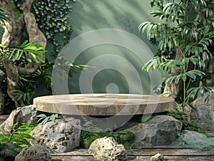 Wooden Platform Surrounded by Rocks and Greenery