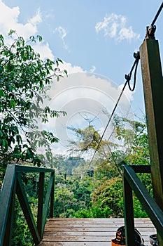 Wooden platform of a zipline surrounded with lush vegetation