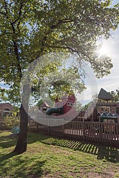 Wooden playground nature recreation area at American public park