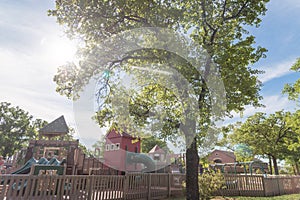 Wooden playground nature recreation area at American public park