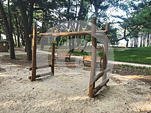 Wooden playground in the park of Pohang city. South Korea