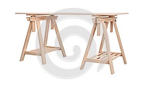 Wooden plywood shelf on two trestles, isolated on white background, 3d rendering