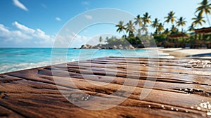 Wooden podium with copy space for product display presentation on palm beach and blue sky background. Tropical summer and vacation