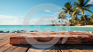 Wooden podium with copy space for product display presentation on palm beach and blue sky background. Tropical summer and vacation