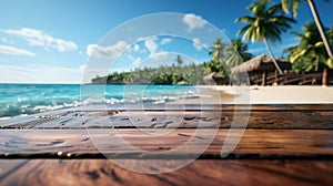 Wooden podium with copy space for product display presentation on palm beach and blue sky background. Tropical summer and vacation