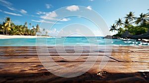 Wooden podium with copy space for product display presentation on palm beach and blue sky background. Tropical summer and vacation