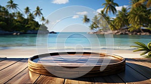 Wooden podium with copy space for product display presentation on palm beach and blue sky background. Tropical summer and vacation