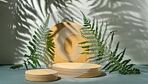 wooden podium on grey background with green leaves. Generated AI