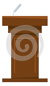 Wooden podium with microphone. Speech platform. Speaker stand