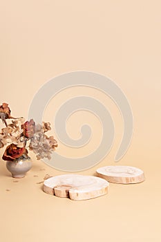 Wooden podium or pedestal for cosmetics products. Neutral beige monochrome with dry flowers mok ap, blank