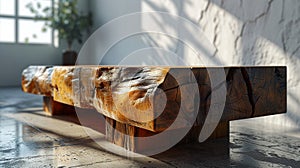 Wooden podium for product presentation in sunlight and shadows on the beige wall. Minimalistic abstract gentle light