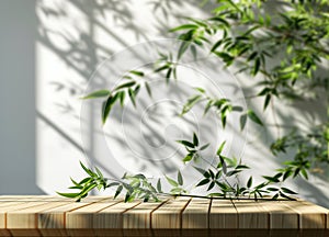 Wooden podium for product presentation in sunlight and shadows on the white wall. Minimalistic abstract gentle light