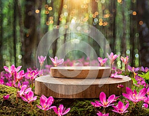 Wooden podium for products presentation, in the forest. Fuchsia flowers and blurred green background.