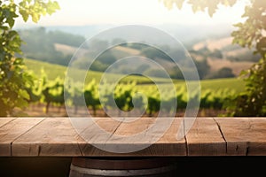 Wooden Podium Tabletop Blurs The Picturesque Vineyard And Rolling Hills Backdrop, Empty Display Case For A Cosmetic Or Food