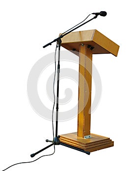 Wooden podium tribune stand rostrum with microphone isolated on